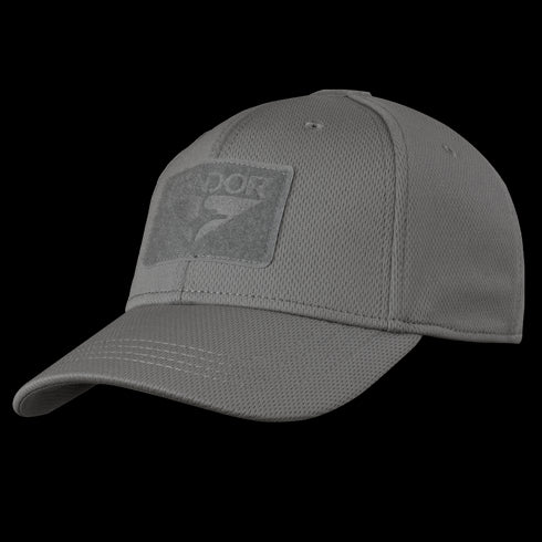 The Condor Flex Tactical Cap is a gray textured cap with a curved brim and front patch, perfect for EDC enthusiasts or first responders seeking comfort and utility.